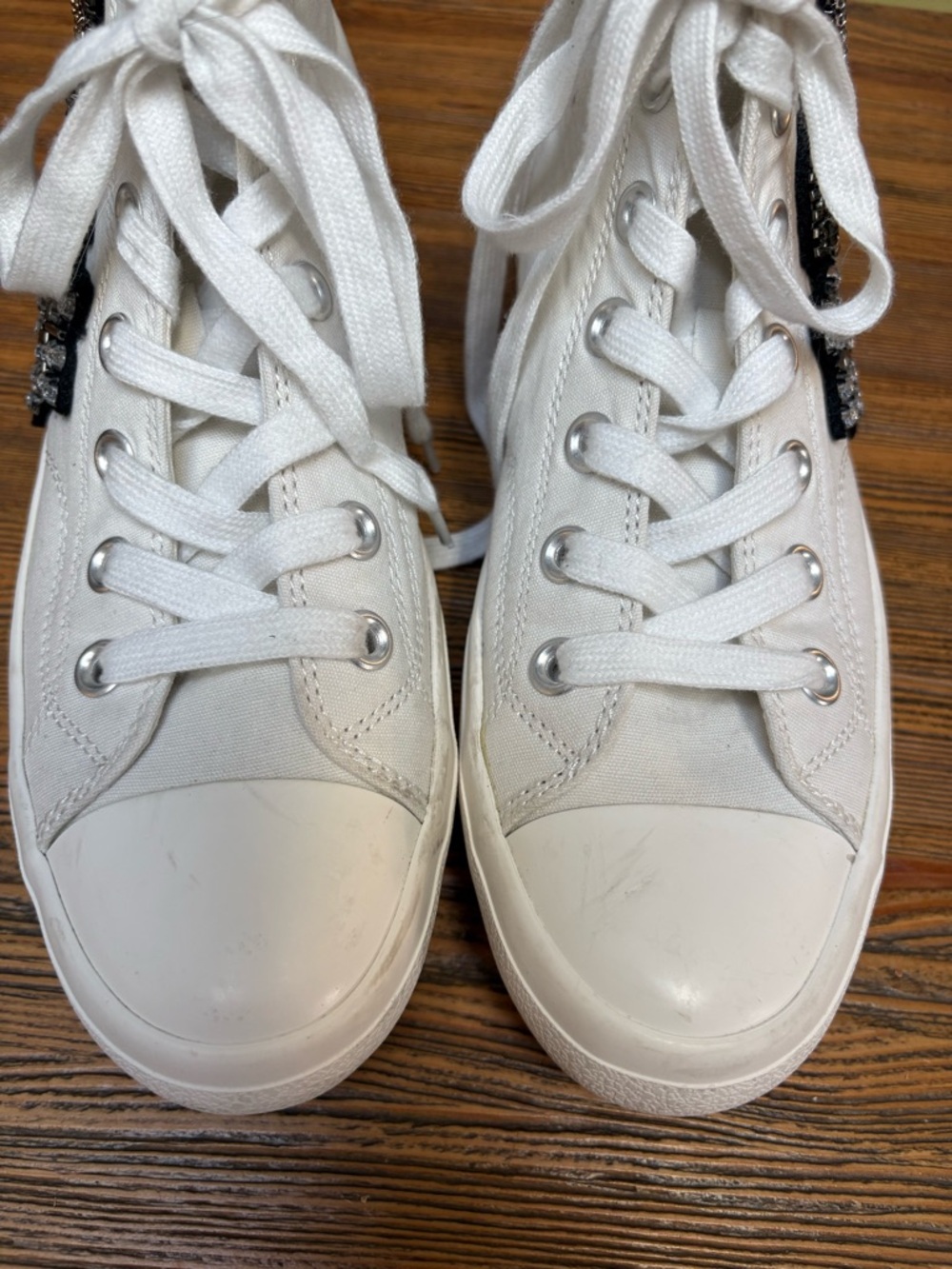 Lauren Lorraine White High-Top Sneakers with Black Beaded Patches and Chains - Picture 12 of 16